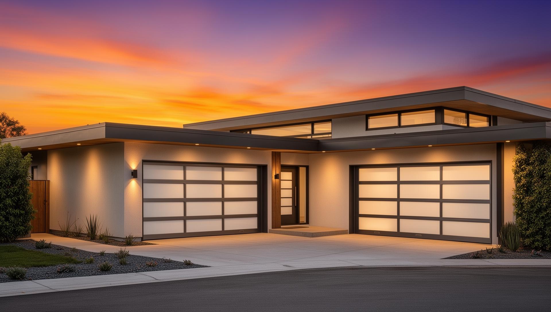 Modern steel garage doors with frosted glass panels installed on residential home in Swepsonville NC